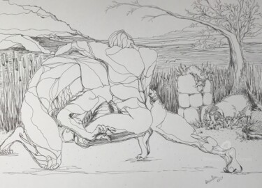 Dessin intitulée "Abel and Cain" par Grazyna Hajewski, Œuvre d'art originale, Encre