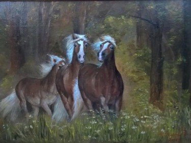 Pittura intitolato "galop w lesie" da Grazyna Jezak, Opera d'arte originale, Olio