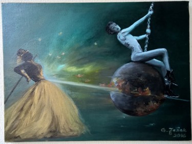 Painting titled "Miedzy planetami" by Grazyna Jezak, Original Artwork, Oil