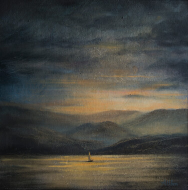Картина под названием "Закат над озером" - Анастасия Цветкова, Подлинное произведение искусства, Масло