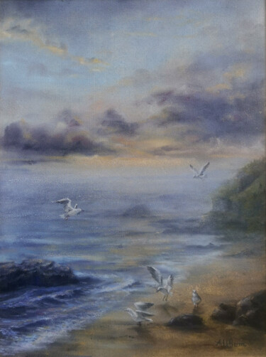Pintura intitulada "Утренний туман" por Anastasiia Tsvetkova, Obras de arte originais, Óleo Montado em Painel de madeira