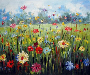 Painting titled "Flower Field 201" by Greg Leander, Original Artwork, Oil Mounted on Wood Stretcher frame