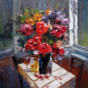 Painting titled "Flower and still li…" by Greg Leander, Original Artwork, Oil Mounted on Wood Stretcher frame