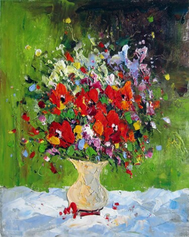 Pintura intitulada "Vase Flower 115" por Greg Leander, Obras de arte originais, Óleo Montado em Armação em madeira