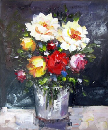 Painting titled "Vase Flower 228" by Greg Leander, Original Artwork, Oil Mounted on Wood Stretcher frame
