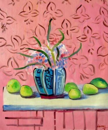 Painting titled "Vase flower 333D" by Greg Leander, Original Artwork, Oil Mounted on Wood Stretcher frame