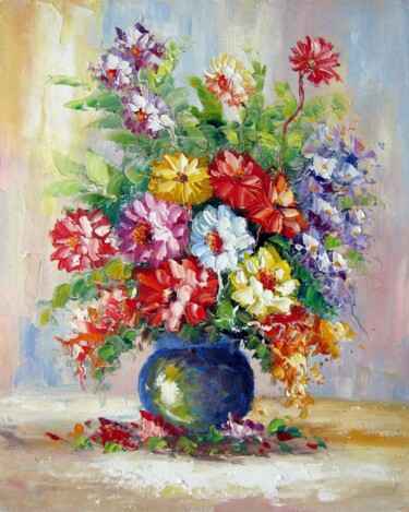 Painting titled "Vase Flower 103" by Greg Leander, Original Artwork, Oil Mounted on Wood Stretcher frame