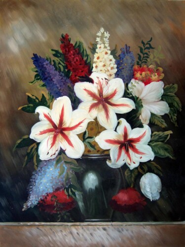 Pintura intitulada "Flower tradtional 2…" por Greg Leander, Obras de arte originais, Óleo Montado em Armação em madeira