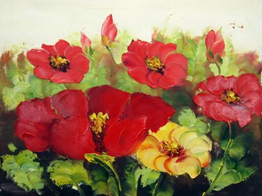 Painting titled "Red Peony 03" by Greg Leander, Original Artwork, Oil Mounted on Wood Stretcher frame