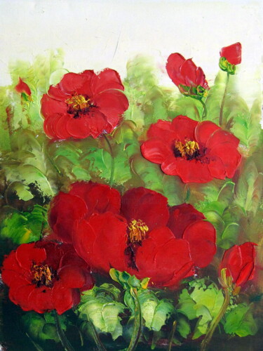 Painting titled "Red Peony 05" by Greg Leander, Original Artwork, Oil Mounted on Wood Stretcher frame
