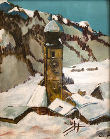 Peinture intitulée "Winter village" par Gregory Anoufriev, Œuvre d'art originale, Huile