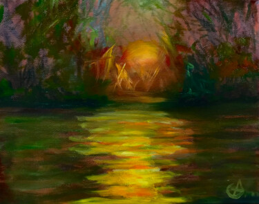 Schilderij getiteld "Mississippi Sunset." door Gregory Anoufriev, Origineel Kunstwerk, Olie