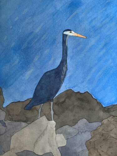 Painting titled "Blue Blue Heron" by Gregory Supple, Original Artwork, Watercolor