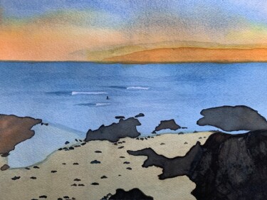 Painting titled "Solitary Surfer" by Gregory Supple, Original Artwork, Watercolor