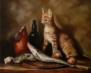 Malarstwo zatytułowany „Le chat et les deux…” autorstwa Christian Grévellec, Oryginalna praca, Olej