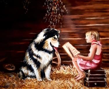 Peinture intitulée "Lecture au chien" par Christian Grévellec, Œuvre d'art originale, Huile