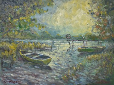 Peinture intitulée "boats on the river" par Grigorii Zulkarniaev, Œuvre d'art originale, Huile