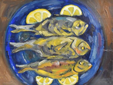 Painting titled "Fried fish" by Grigorii Zulkarniaev, Original Artwork, Oil