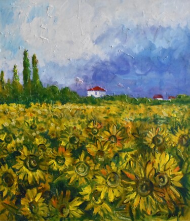 Painting titled "sunflower field" by Grigorii Zulkarniaev, Original Artwork, Oil