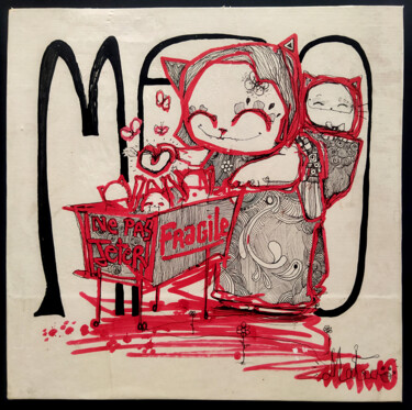 Drawing titled "Happy red meal" by Grotesk, Original Artwork, Marker Mounted on Wood Panel