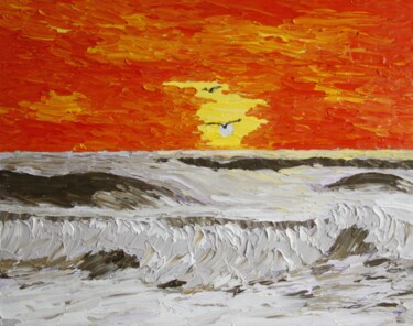 Painting titled "Sunset and sea wave" by Gryg, Original Artwork, Oil Mounted on Wood Stretcher frame