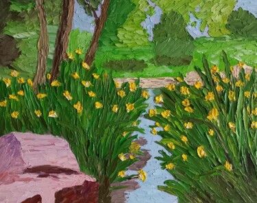 Painting titled "Flowers by the pond" by Gryg, Original Artwork, Oil Mounted on Wood Stretcher frame