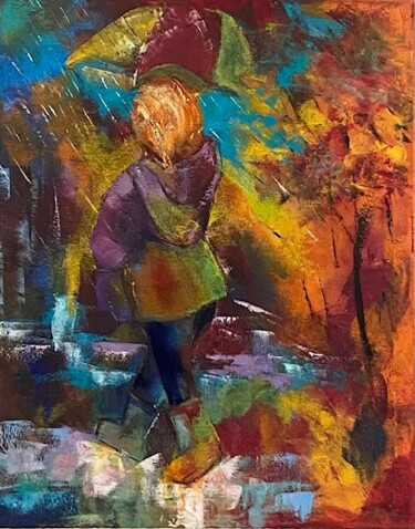 Painting titled "pluie d'automne" by Lydia Guigo, Original Artwork, Oil Mounted on Wood Stretcher frame