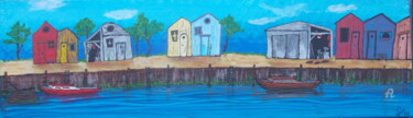 Painting titled "Port du Bassin" by Guillaume Bodin (Gui²), Original Artwork, Acrylic Mounted on Wood Stretcher frame