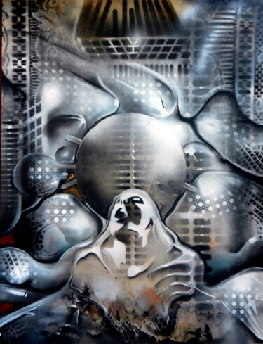 Schilderij getiteld "Bug" door Guillaume Vincent, Origineel Kunstwerk, Graffiti Gemonteerd op Frame voor houten brancard