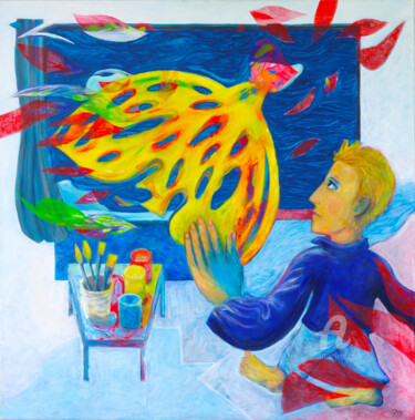 Painting titled "L'oiseau jaune II" by Guillaume Rist, Original Artwork, Acrylic