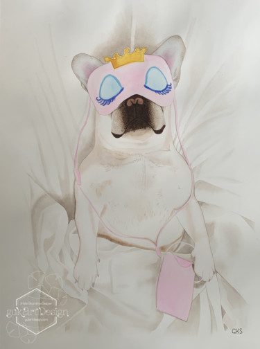 Картина под названием "French bulldog list…" - Karin Sarfati, Подлинное произведение искусства, Акварель