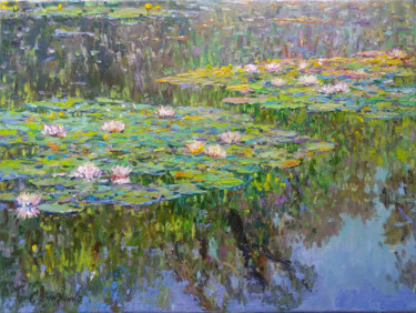 Painting titled "On the bird lake" by Gunchenko, Original Artwork, Oil Mounted on Wood Stretcher frame