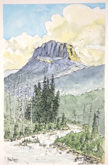 Pintura titulada "Wapta Mountain" por Gurvan Beubry, Obra de arte original, Acuarela