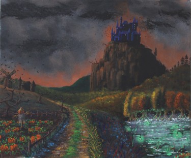 Painting titled "Halloween landscape" by Gurvanart, Original Artwork, Acrylic Mounted on Wood Stretcher frame