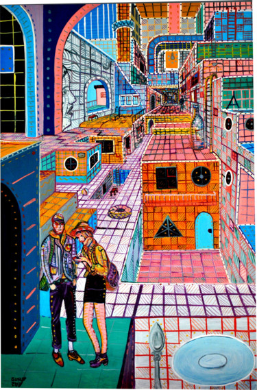 Painting titled "DREAMS CITY 1" by Gustavo López Alvarado, Original Artwork, Oil Mounted on Wood Panel