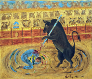 Schilderij getiteld "Drôle de corrida" door Guy Fitoussi, Origineel Kunstwerk, Olie Gemonteerd op Frame voor houten brancard
