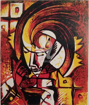 Printmaking titled "MEDITATION" by Guy Appolinaire Kassi, Original Artwork, Xylography