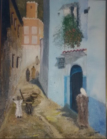 Pintura intitulada "Ruelle de Chefchaou…" por Guy Romedenne, Obras de arte originais, Óleo Montado em Armação em madeira