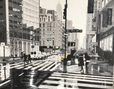 Malarstwo zatytułowany „Avenue sous la pluie” autorstwa Guy Sopkowiz, Oryginalna praca, Olej