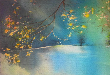 Peinture intitulée "lac-bleu" par Guylaine, Œuvre d'art originale, Aquarelle
