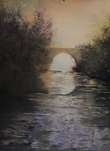 Painting titled "Sous le pont" by Guylaine, Original Artwork, Watercolor