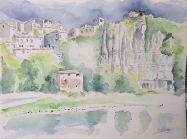 「Village de Balazuc…」というタイトルの絵画 Guyle Rayneによって, オリジナルのアートワーク, 水彩画