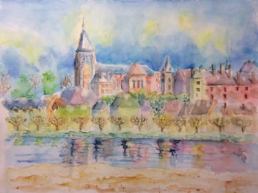Peinture intitulée "Château et ville de…" par Guyle Rayne, Œuvre d'art originale, Aquarelle
