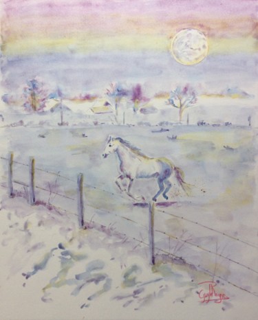 Painting titled "Galop au clair de l…" by Guyle Rayne, Original Artwork, Watercolor