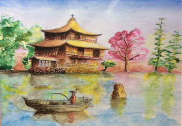 Pintura intitulada "Temple japonais" por Guyle Rayne, Obras de arte originais, Aquarela