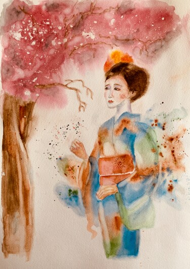 Peinture intitulée "Geisha sous un ceri…" par Guyle Rayne, Œuvre d'art originale, Aquarelle