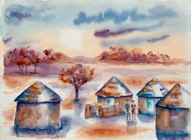 Pittura intitolato "Village africain le…" da Guyle Rayne, Opera d'arte originale, Acquarello