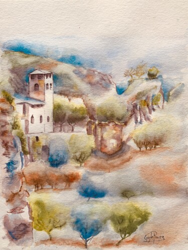 Pintura intitulada "L’église de Malleval" por Guyle Rayne, Obras de arte originais, Aquarela