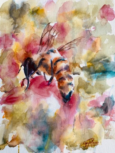 Schilderij getiteld "Une abeille dans le…" door Guyle Rayne, Origineel Kunstwerk, Aquarel