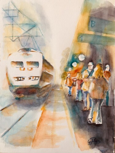 Malerei mit dem Titel "Le train fantôme" von Guyle Rayne, Original-Kunstwerk, Aquarell